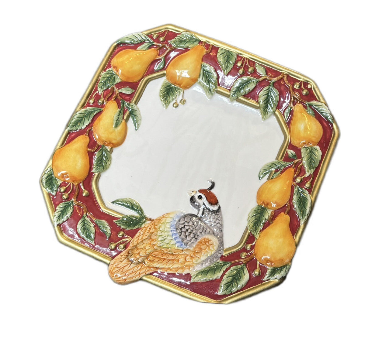 Fitz & Floyd Plate Partridge Bird Pears Canapé Wall Hanging Holiday Embossed Art