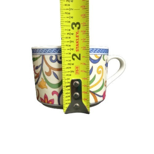 Gibson Designs LYON 6-Cups Coffee Tea Blue Band Multicolor Scrolls Flowers 8 Oz