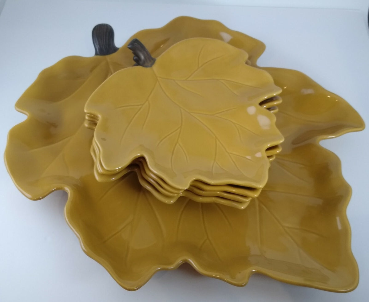 CHRIS MADDEN 4-Plates 1-Serving Platter Harvest Leaf Shaped JCP Home Autumn Set