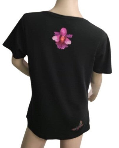 La Belle T-Shirt Flower Butterfly Black Top V Neck Short Sleeves 3XL Tee