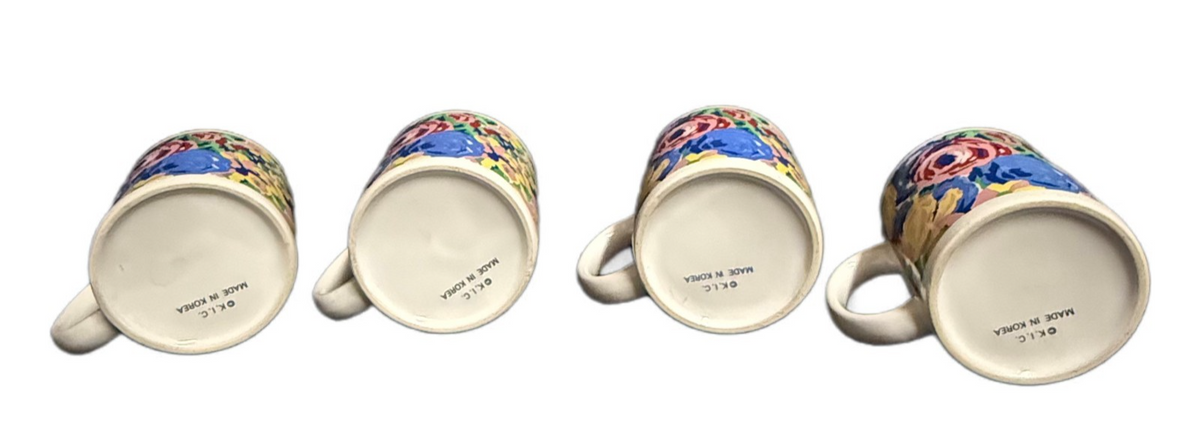 KIC Franco Hand Painted Style Floral Coffee Mugs Set 4 Blue Interior Korea 10 oz