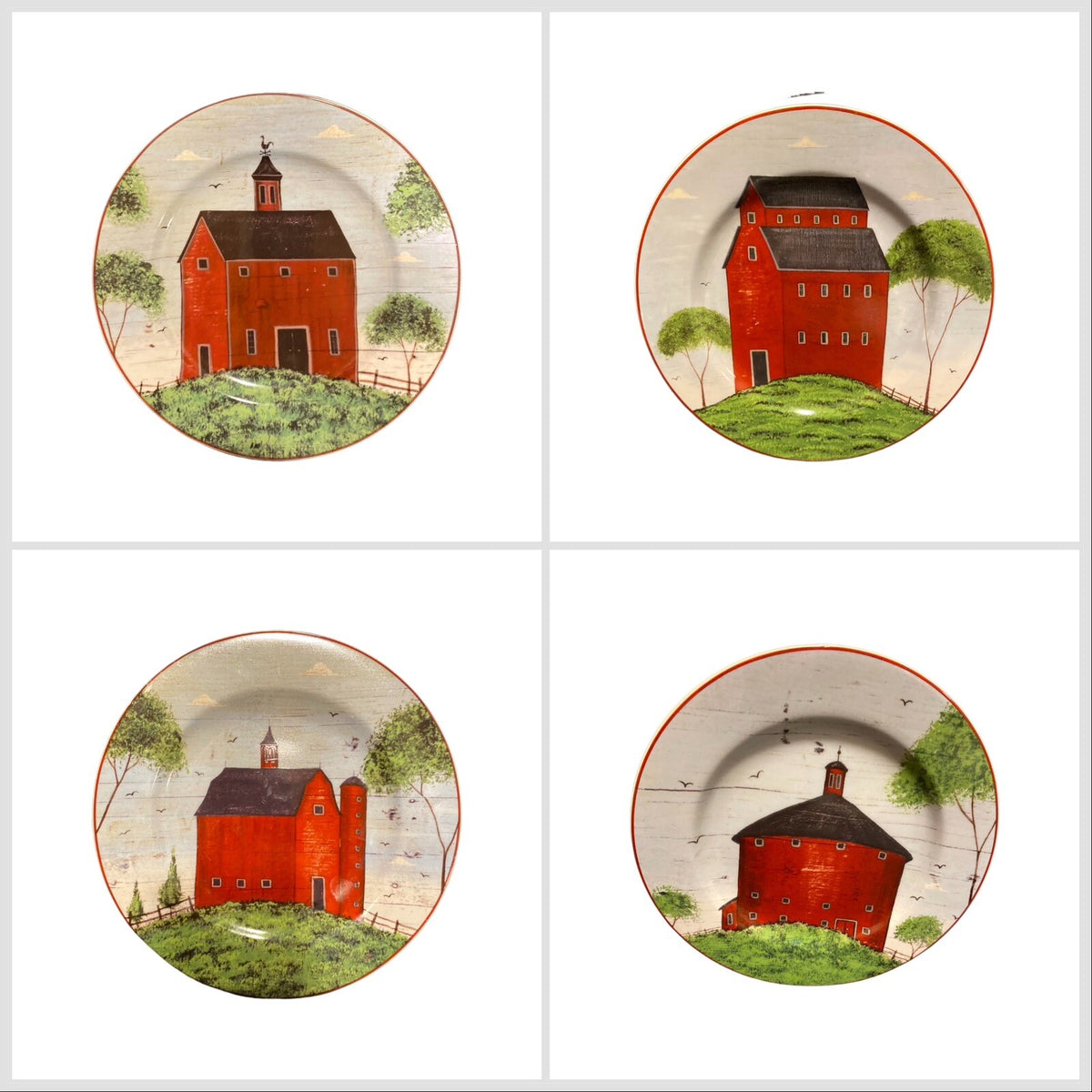 Sakura Warren Kimble BARNS 4 Salad Dessert Plates Country Farm Primitive Barn 8"