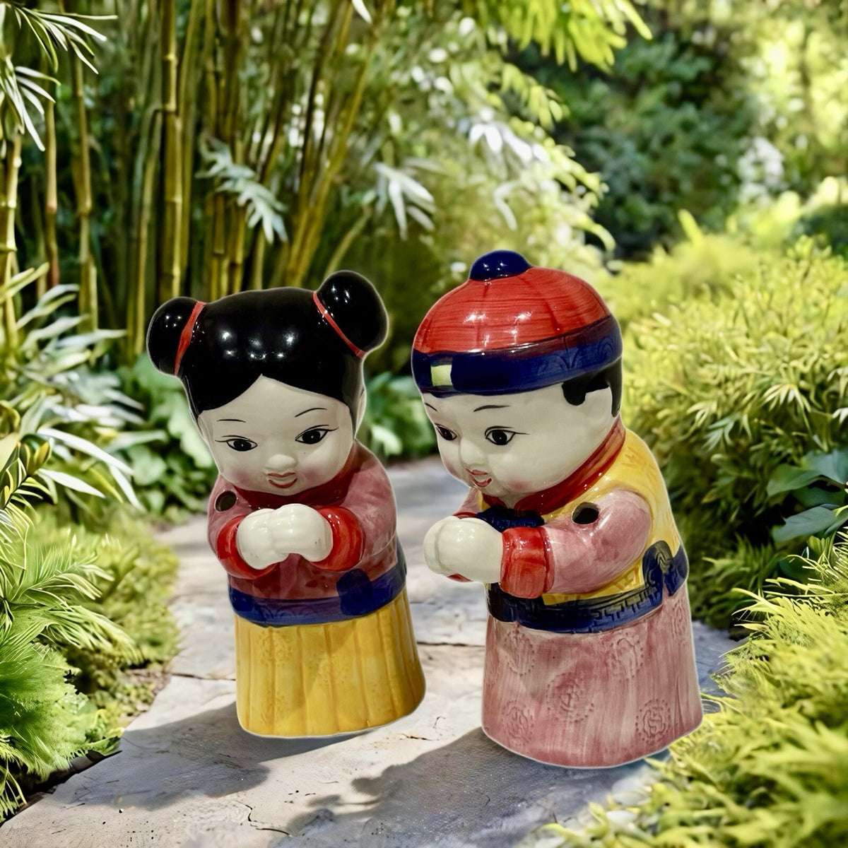 Vintage Tiki Mugs Set – Figural Chinese Boy & Girl – Ceramic Statue Cups