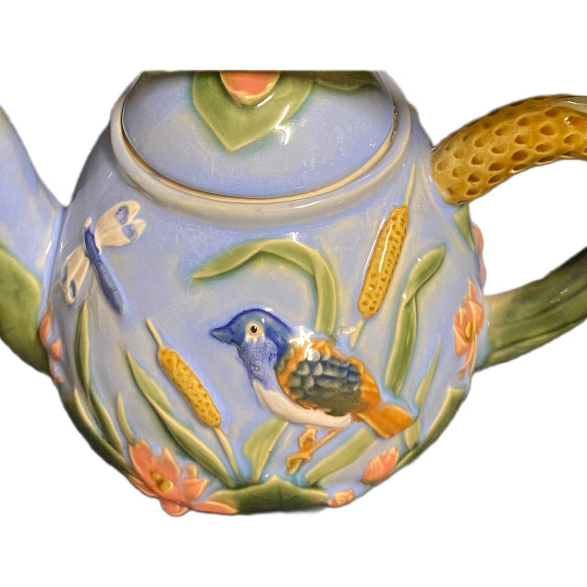 MAJOLICA Teapot Dragonflies Birds Lotus Blossom Flowers Blue Pottery Embossed