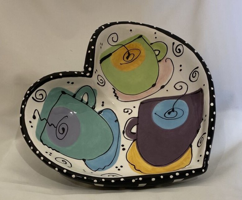 Joanne Delomba W/ Love For Lotus Serving Heart Shaped Dish Black Rim White Dots