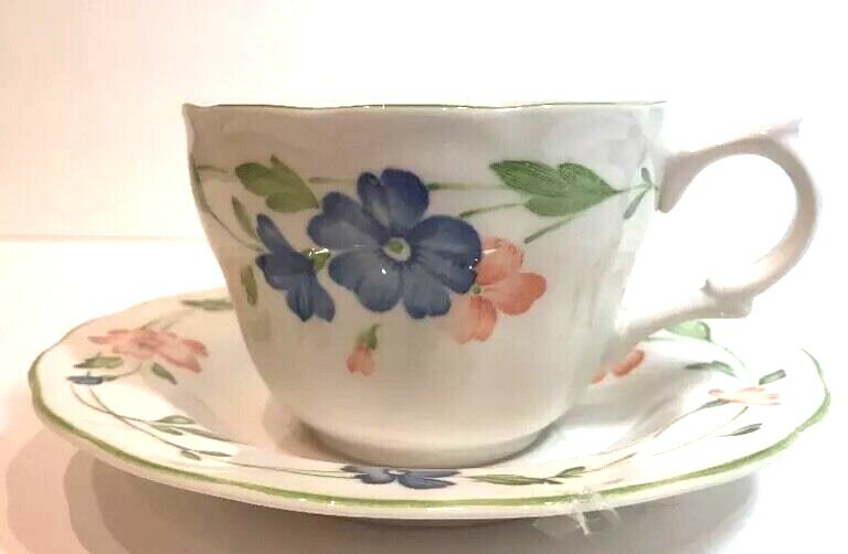 Nikko BORDEAUX 4-Cups 4 Saucers Provincial Designs Japan Blue Orange Flowers