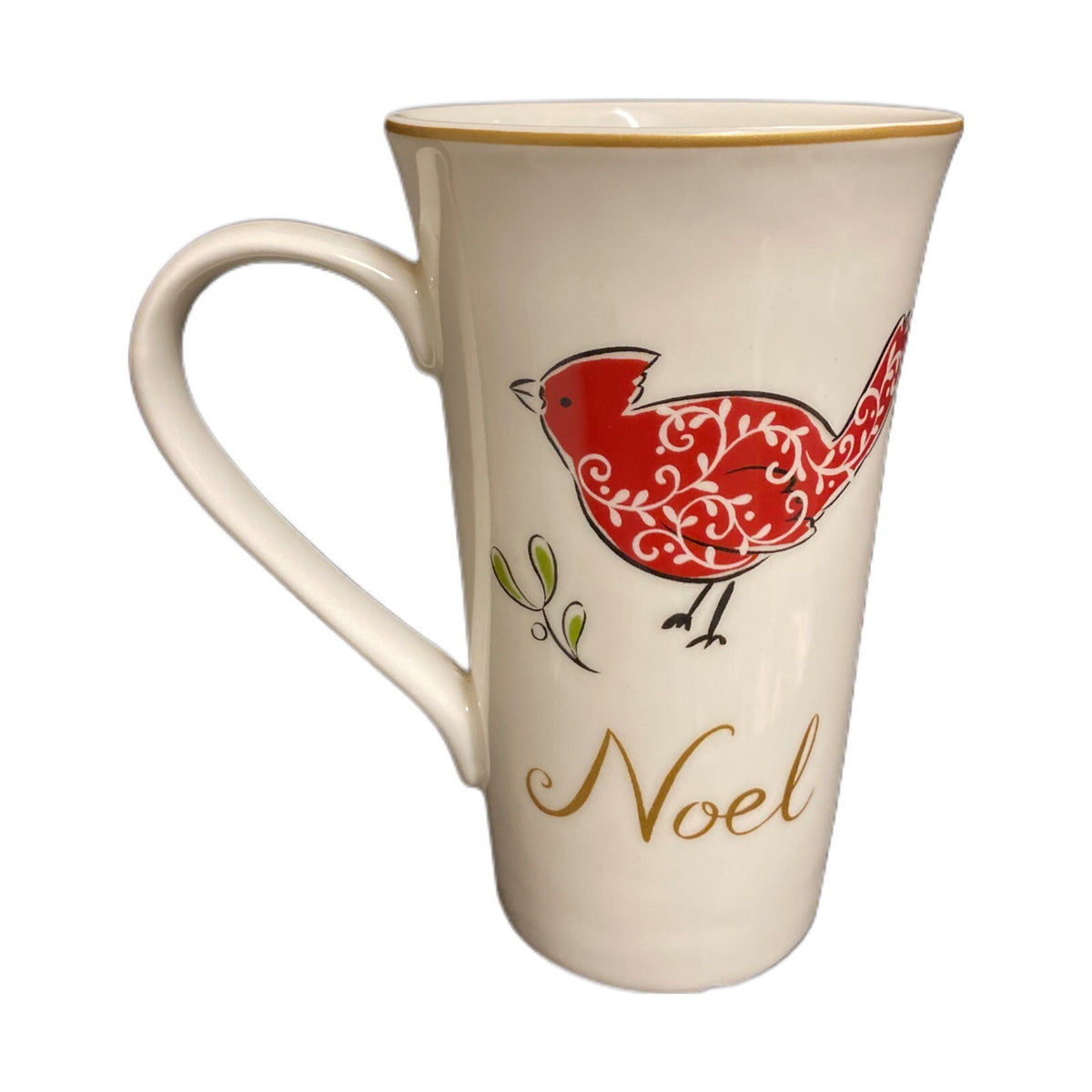 222 Fifth NATALA 3-Latte Mug Cardinal Christmas Tree Sleigh Peace Joy Noel Gold