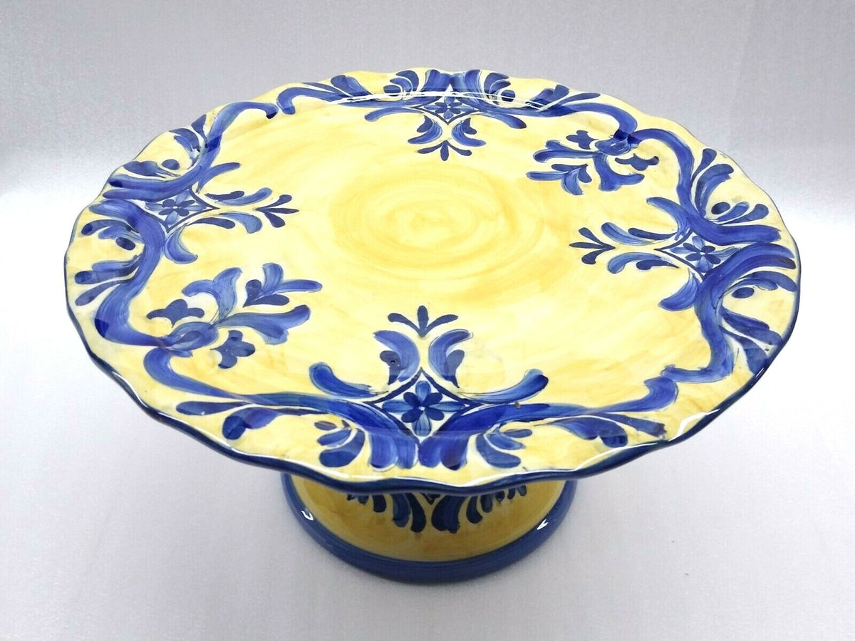 Classic Round Yellow Blue Ceramic Pedestal Cake Cupcakes Scalloped Serving Dish