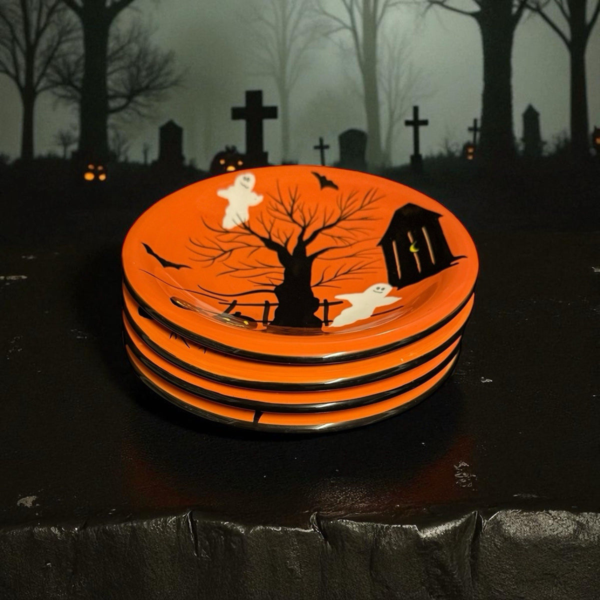 Set of 4 Sakura Haunted Hideaway Halloween Plates 8” Orange Cats Ghost Pumpkins
