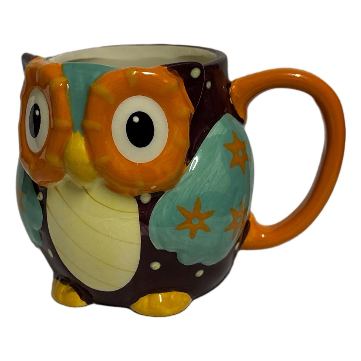 Rustic Barn Owl Mug Ceramic Coffee Tea Cup Orange Handle Black White Dots