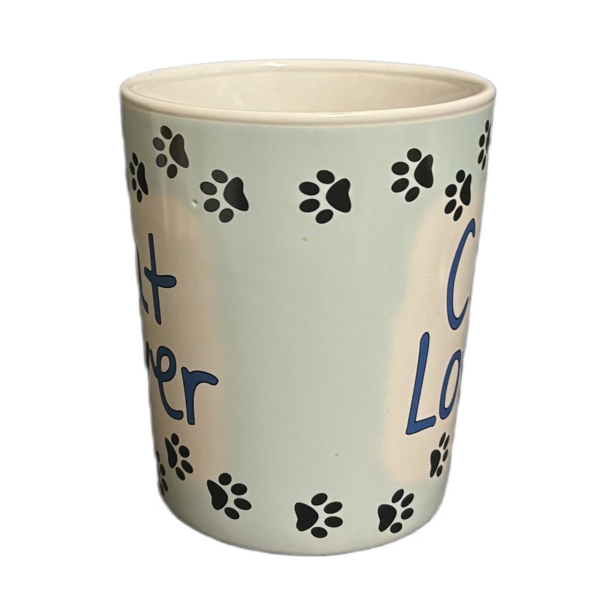 Tumbleweed Pottery Mug CAT LOVER Ceramic Coffee Tea Cup Paw Prints White & Blue