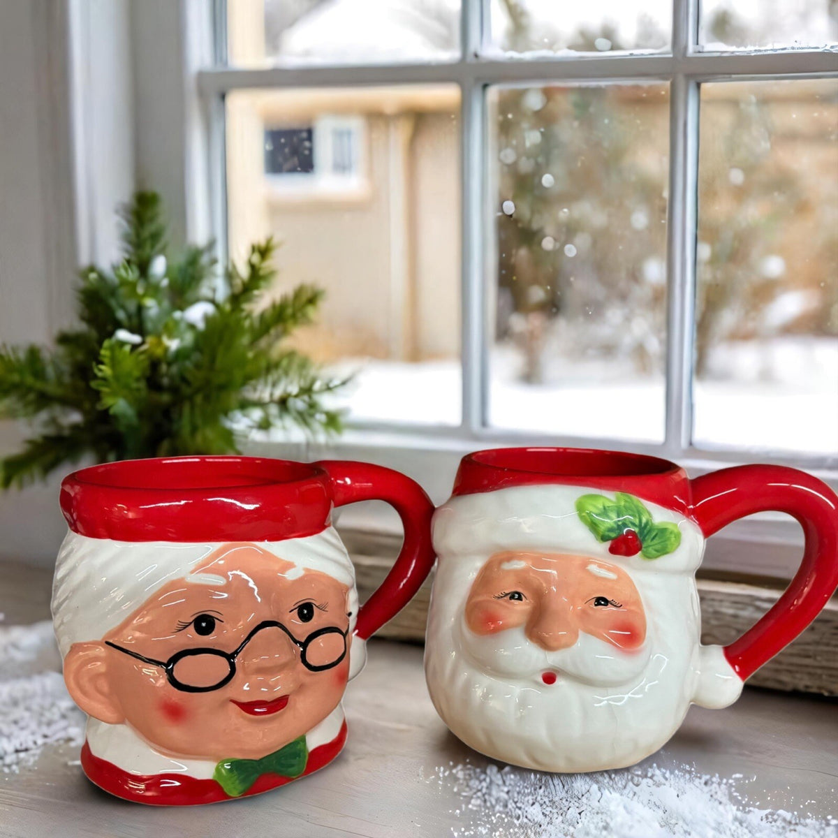 Pier 1 Imports 2- Mugs Santa & Mrs Claus Coffee Cups Hand Painted Dolomite 18oz