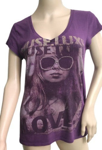 L.O.L. VINTAGE T-Shirt Muse Luxe Love Purple Top V-Neck Short Sleeves MD Tee
