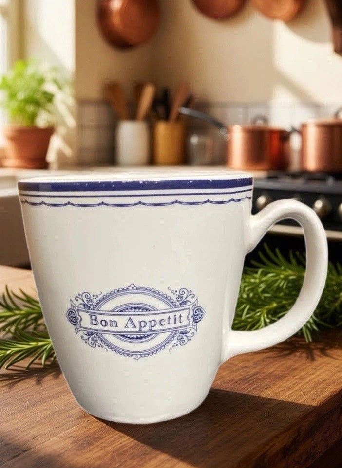 Culinary Arts Bon Appetit Mug Blue White Coffee Cup The Art of Entertaining 14oz