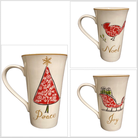 222 Fifth NATALA 3-Latte Mug Cardinal Christmas Tree Sleigh Peace Joy Noel Gold