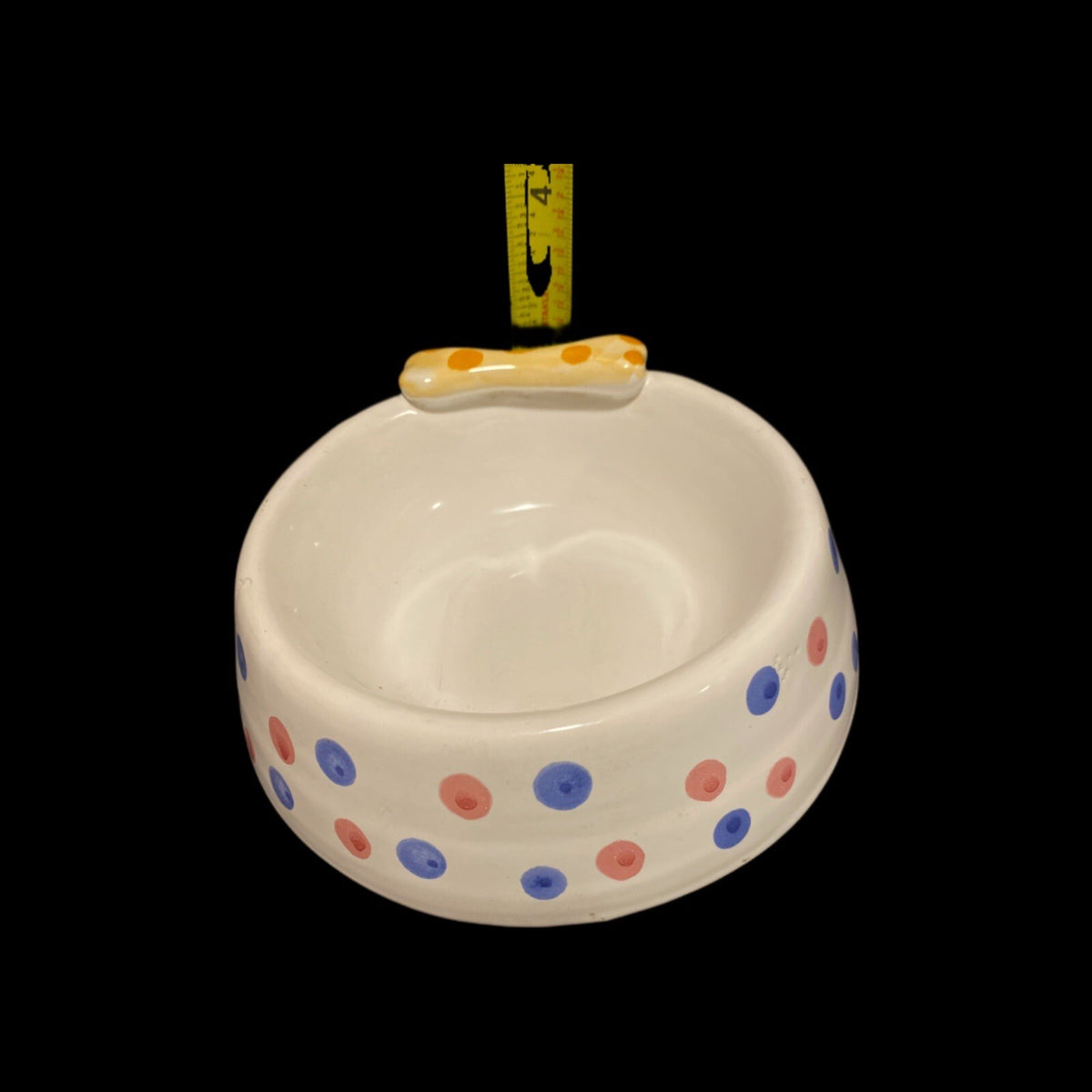Italian Hand Painted Ceramic Dog Bowl with 3D Bone & Polka Dots | Puppy Dish