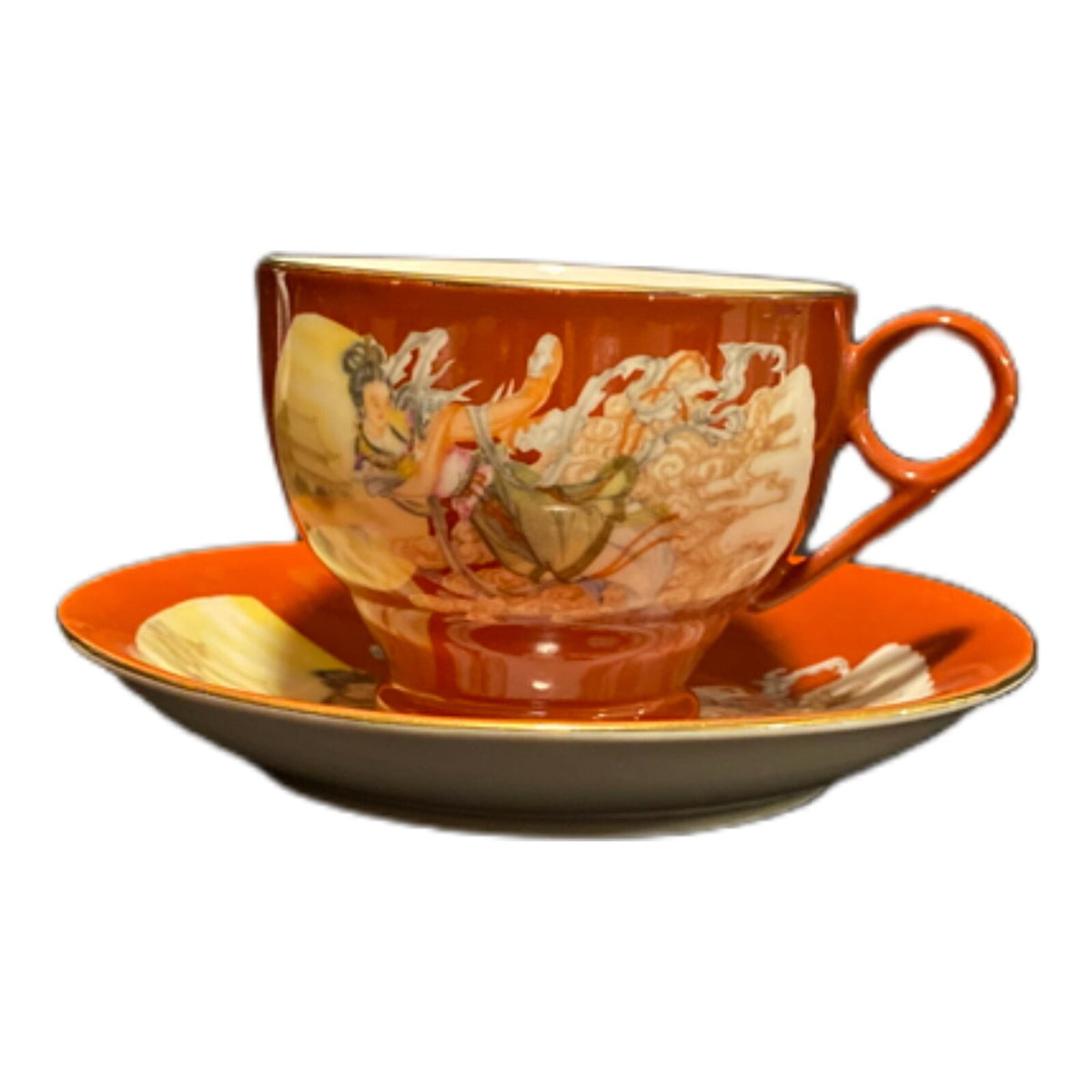 Antique Oriental Tea Set Godess of Wind China Teapot Cup Saucer Sugar Bowl Cream