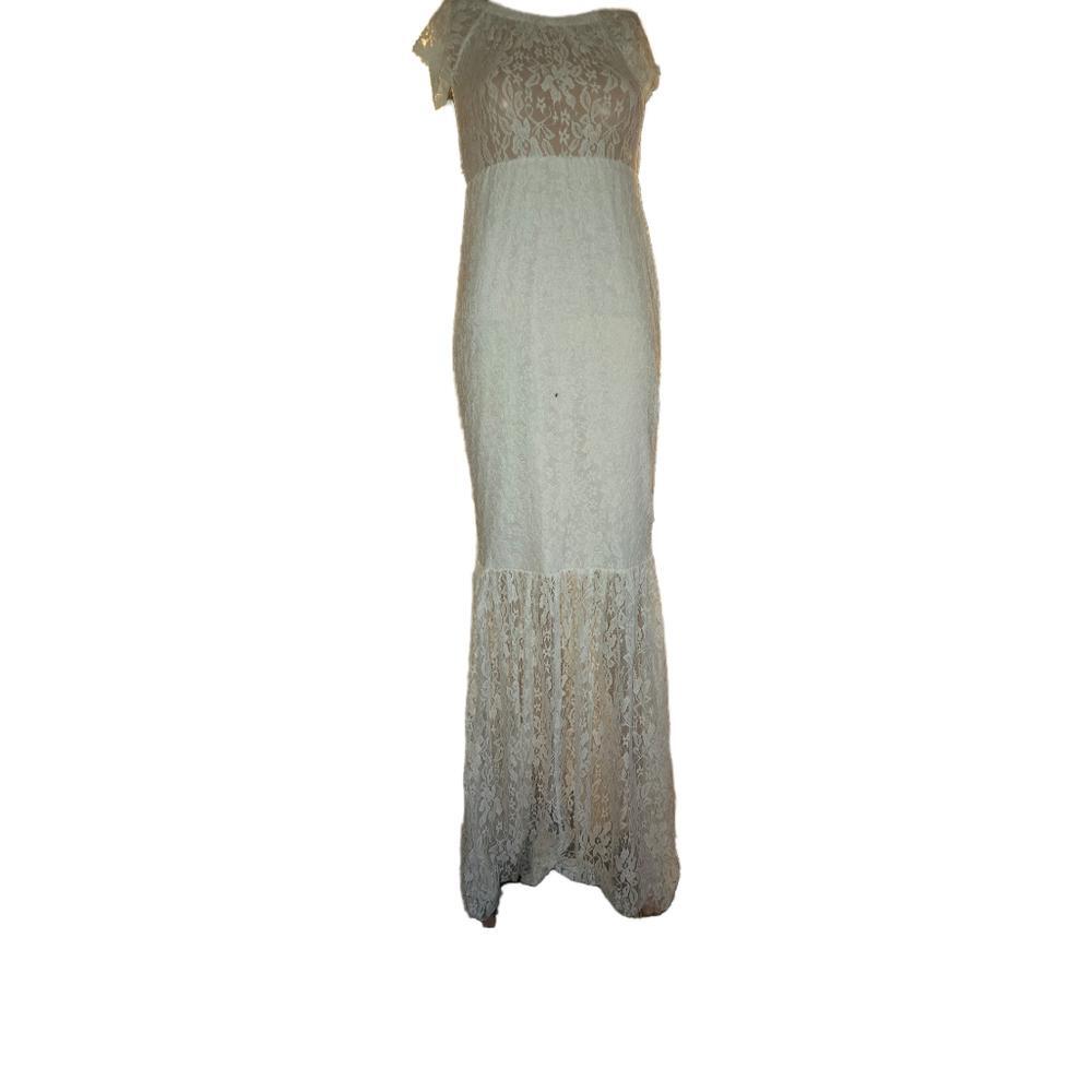 Lace Maxi Dress Maternity Bridal Mermaid V-Neck Cap Sleeves Woman 
