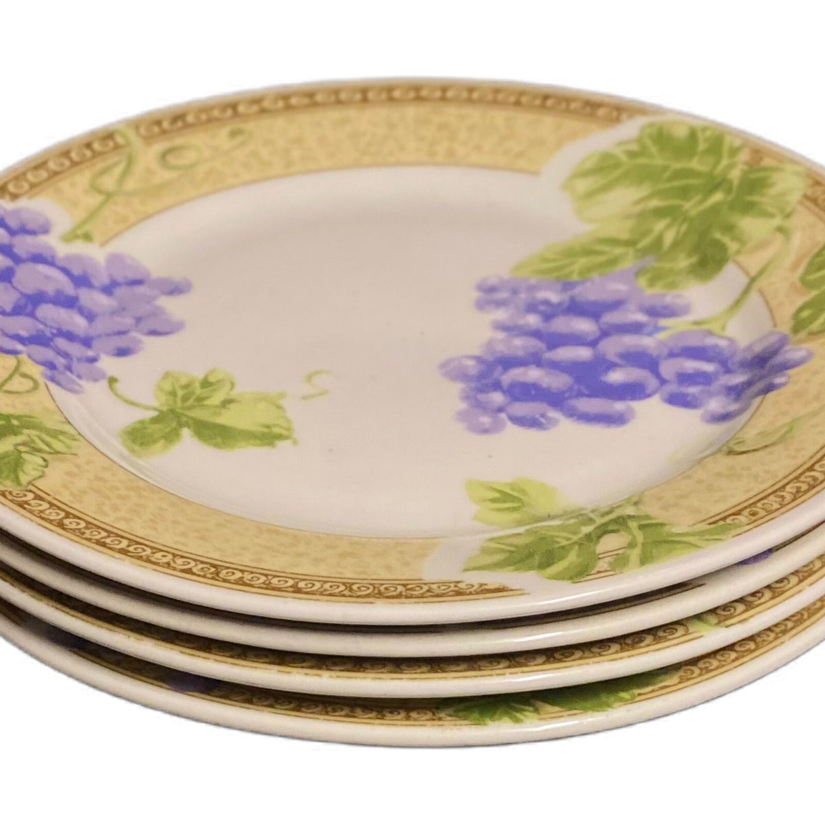 Gibson Designs FRUIT GROVE 4-Salad Plates Dessert Dish Grapes Leaves