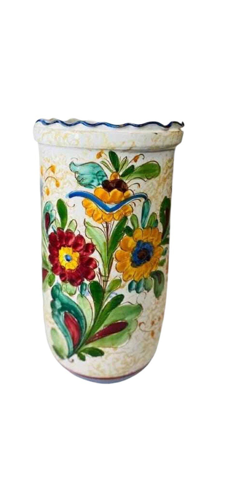Italian Hand Painted Terracotta Vase Majolica Pottery Umbrella Holder 16 3/8”H