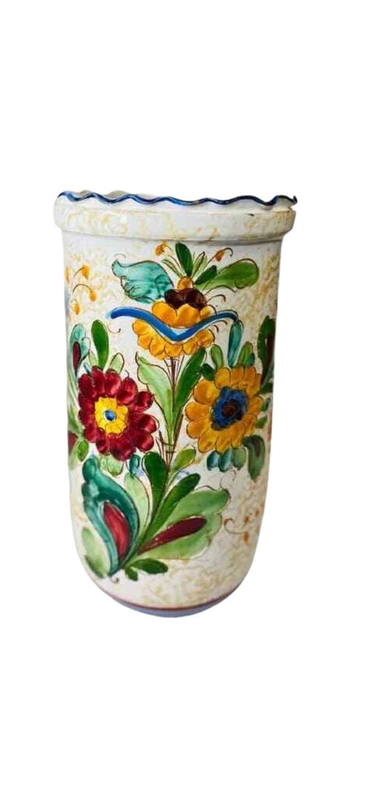 Italian Hand Painted Terracotta Vase Majolica Pottery Umbrella Holder 16 3/8”H