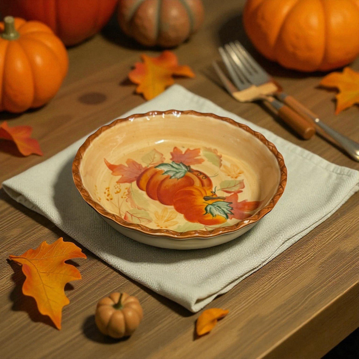 Home Accents Pumpkin Leaves 10.5” Scalloped Ceramic Serving Bowl Oven Safe