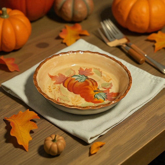 Home Accents Pumpkin Leaves 10.5” Scalloped Ceramic Serving Bowl Oven Safe