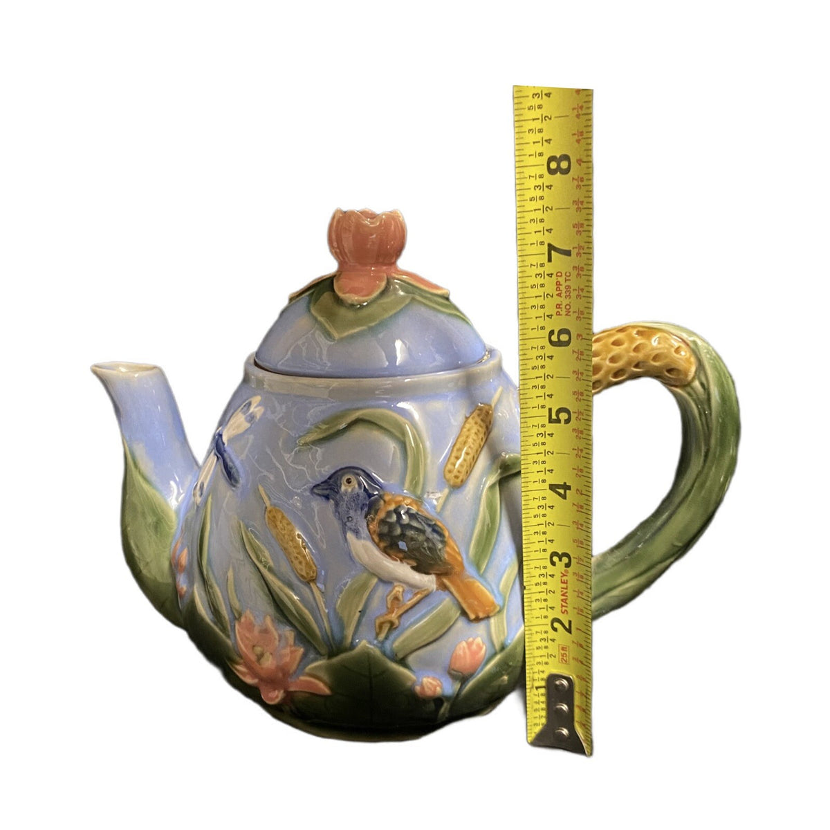 MAJOLICA Teapot Dragonflies Birds Lotus Blossom Flowers Blue Pottery Embossed
