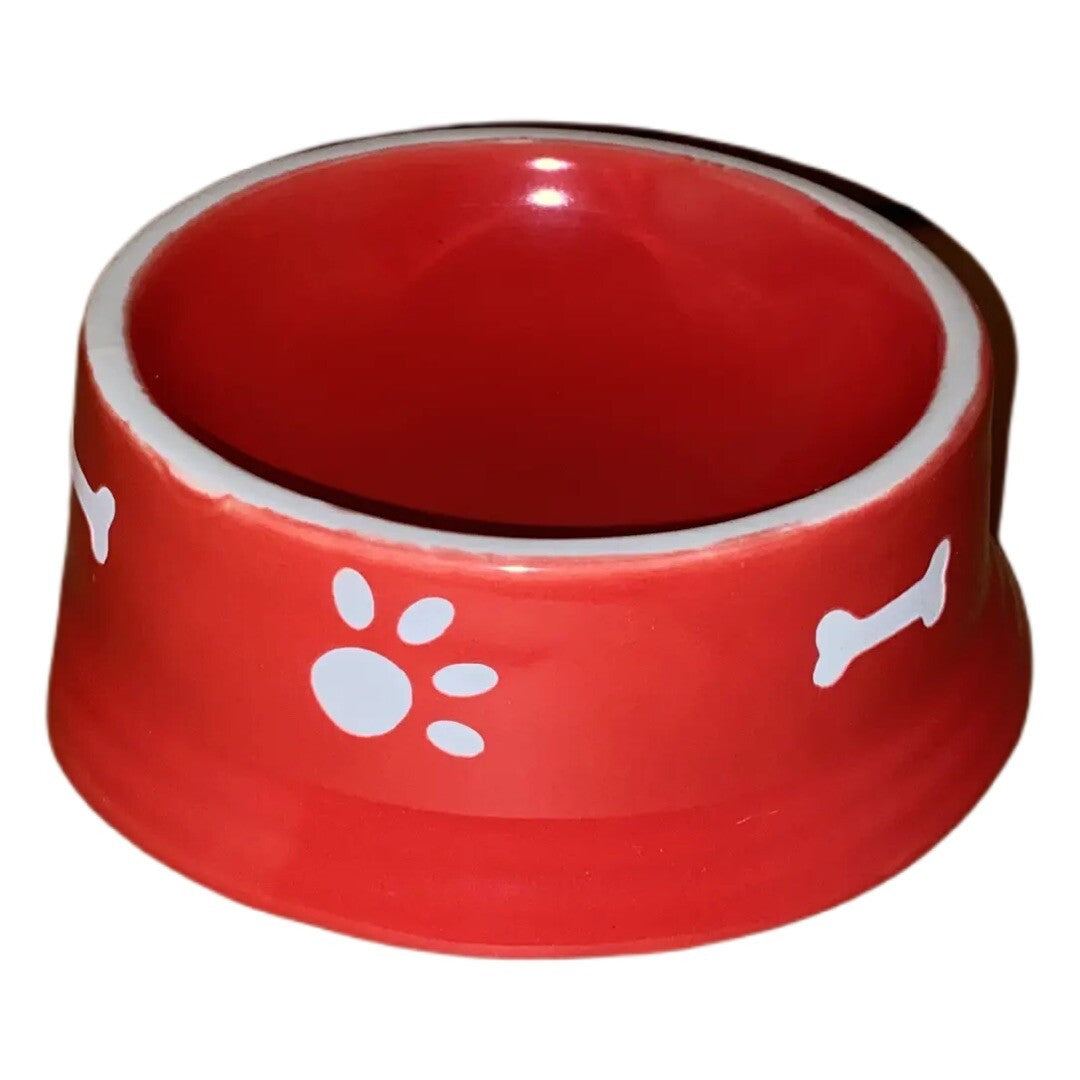 RED and WHITE Dog Bowl Food Water Stoneware Dish White Carved in Bones and Paws