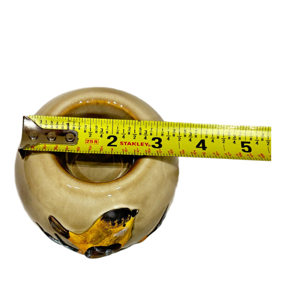 Art Pottery Tealight Candle Holder 3D Yellow Bird on Branch Round Ceramic No Lid