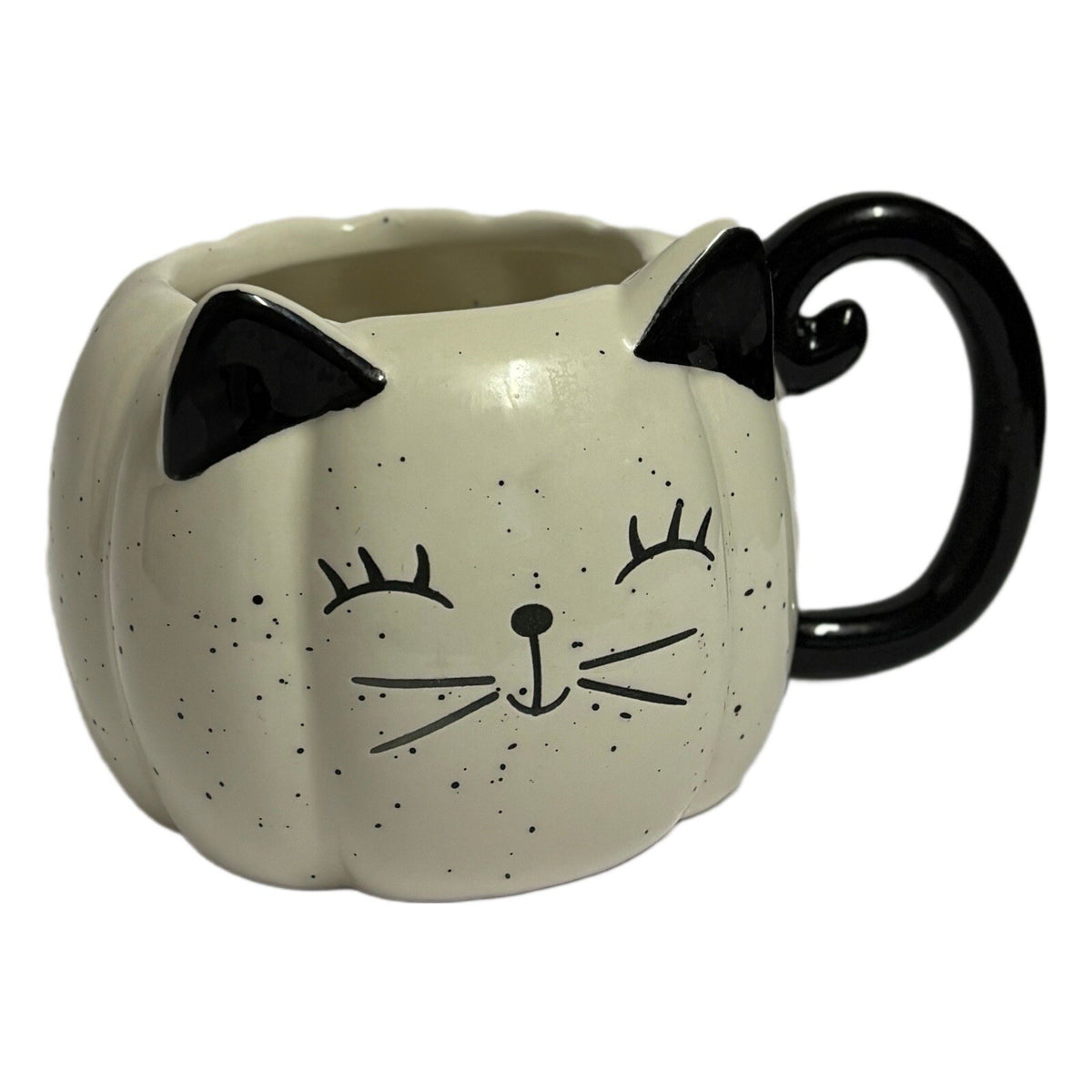 ECCOLO Mug Black & White Speckled Pumpkin Cat Coffee Tea 3D Face & Tail Handle