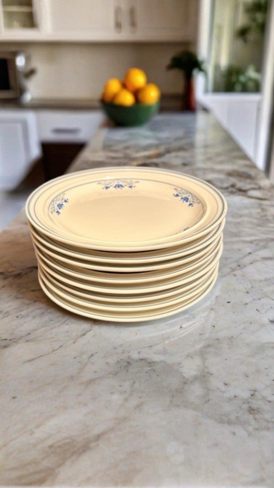 TIENSHAN 8-Salad Plates Stoneware Blue Floral & Trim Vintage Dessert Appetizer