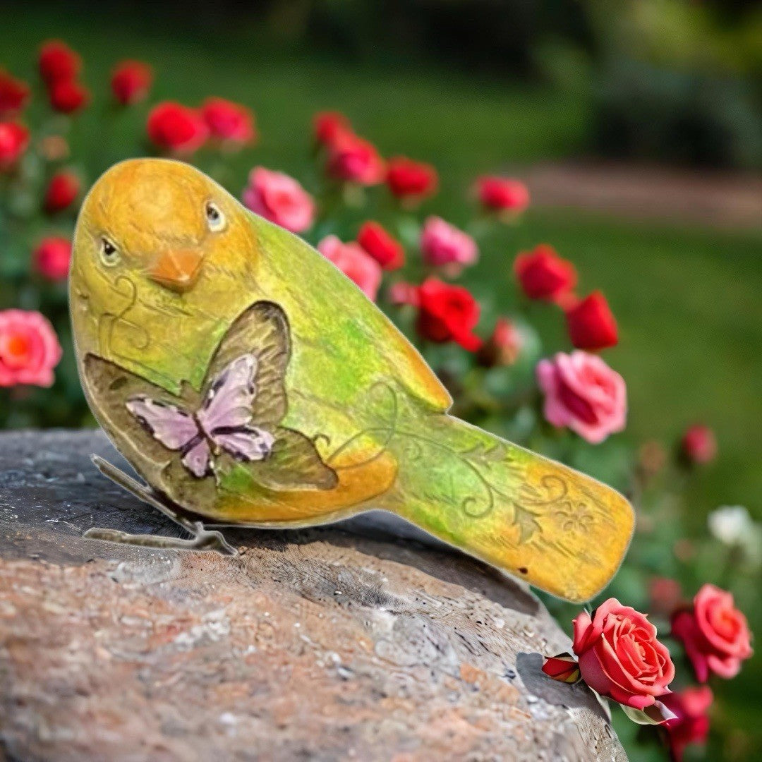 Hand Painted Ceramic Bird Figurine with Butterfly | Green Yellow Metal Accents