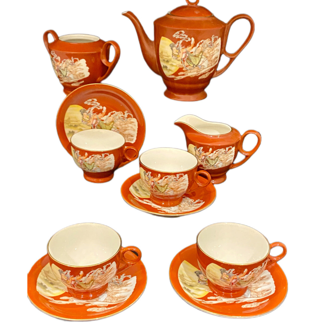 Antique Oriental Tea Set Godess of Wind China Teapot Cup Saucer Sugar Bowl Cream