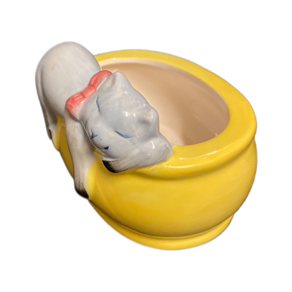 Ceramic Oval Yellow Planter Kitten Sleepy on Edge Cat Bluish Gray Meow Pink Bow
