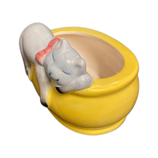 Ceramic Oval Yellow Planter Kitten Sleepy on Edge Cat Bluish Gray Meow Pink Bow