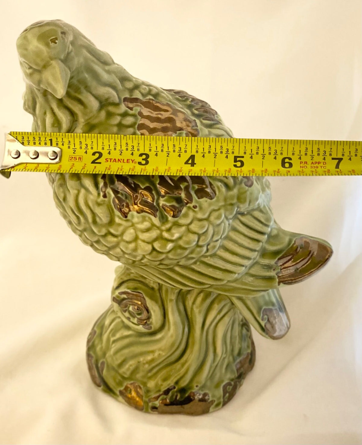 Rustic Green Ceramic Country Bird Perched on Branch Statue Home Decor Accent 10"