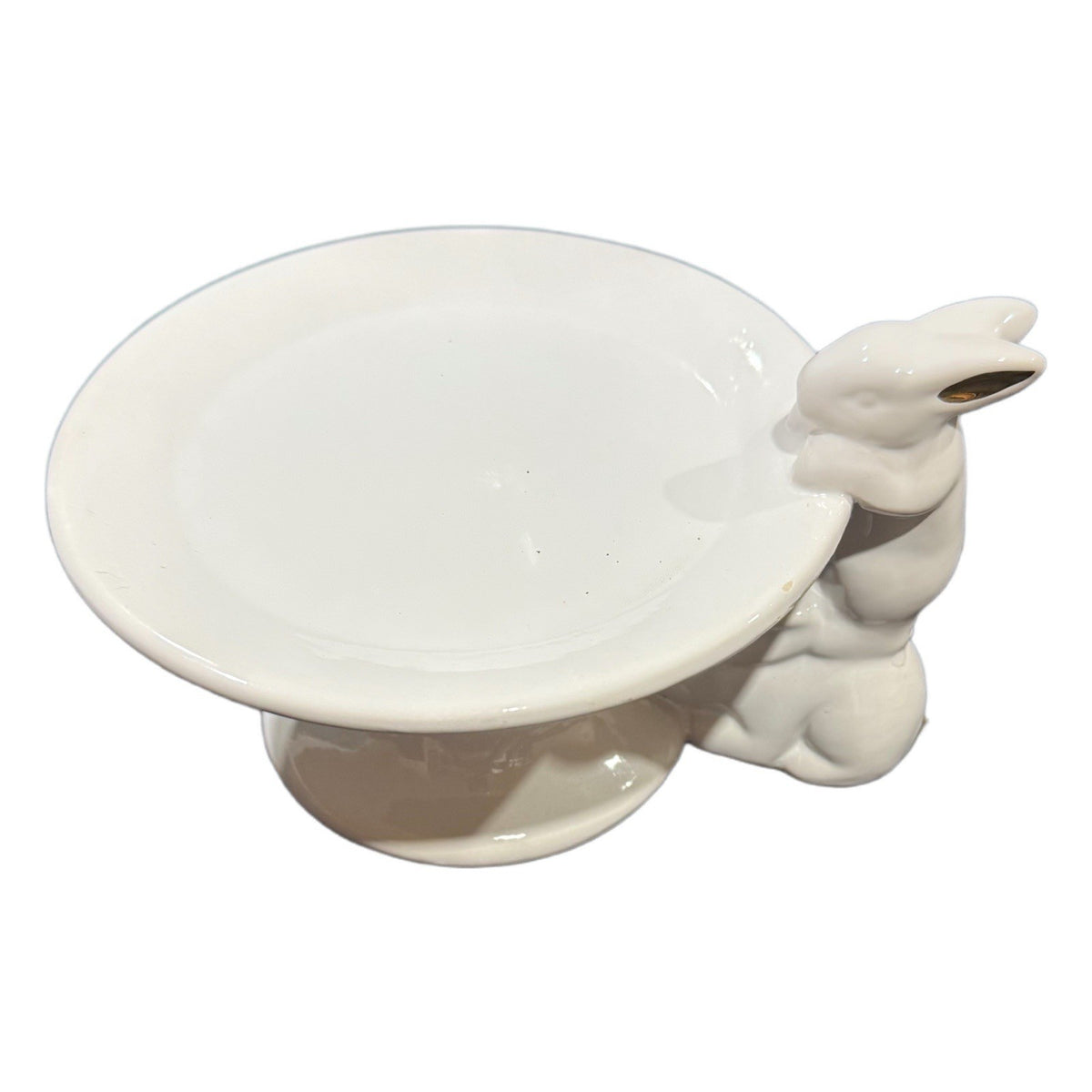 White Ceramic Bunny Pedestal Plate with Gold Ears – Cake Stand or Trinket Dish