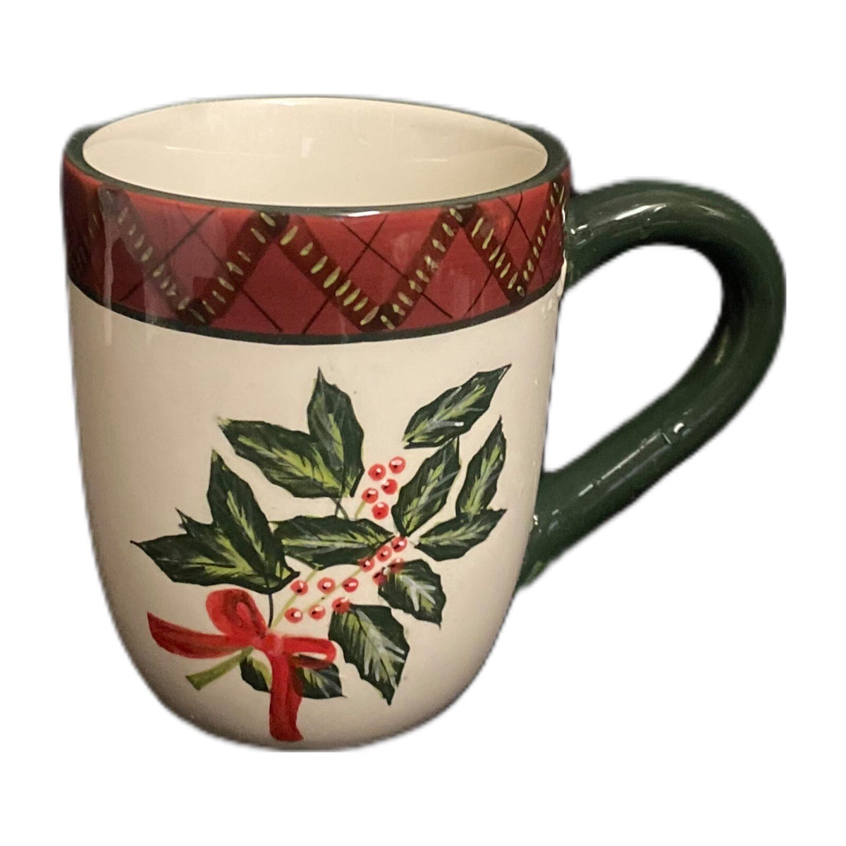 Sakura Holiday Greens 4-Mugs Red Green Plaid Border Coffee Tea  Stoneware Cup