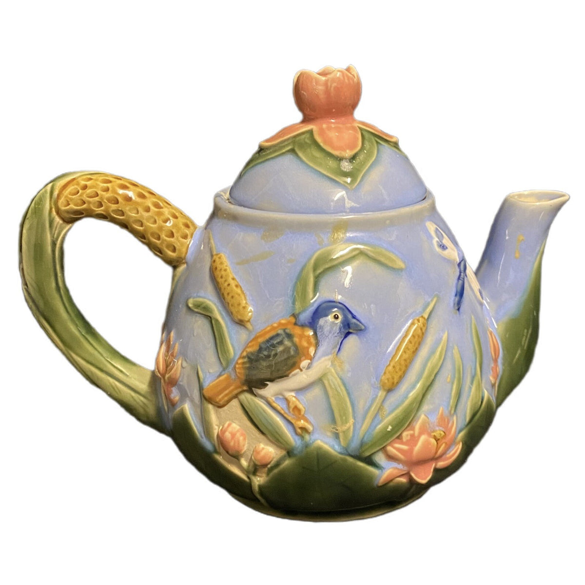 MAJOLICA Teapot Dragonflies Birds Lotus Blossom Flowers Blue Pottery Embossed