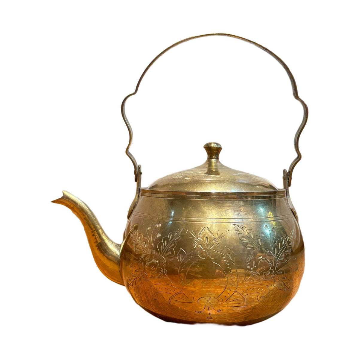 Vintage Solid Brass Teapot Kettle & lid Etched Floral Folding Handle India