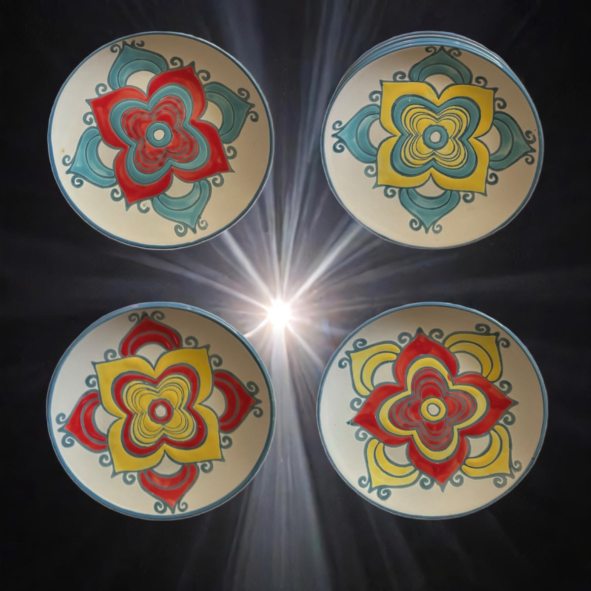 SPECTRUM 4-Appetizer Plates Floral Ceramic Assorted Geometric Designs Dessert