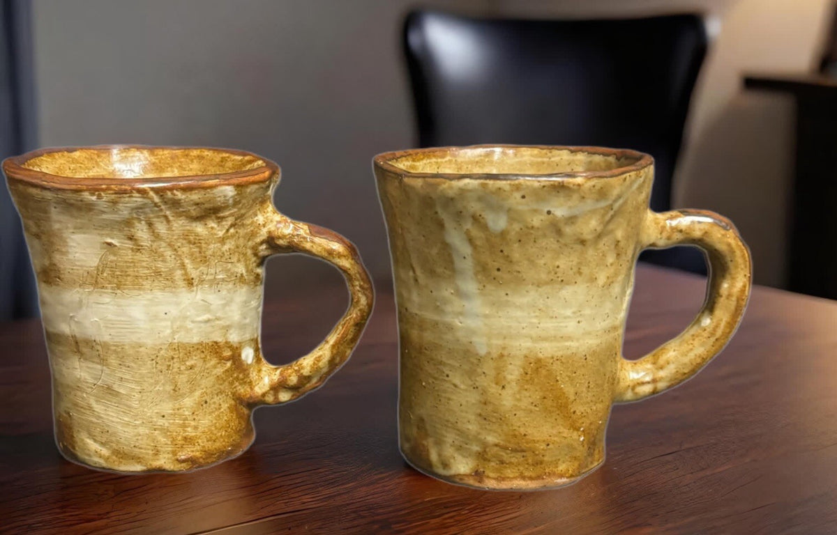 Art Pottery Handcrafted 2-Mugs Brown Greenish Shades Stoneware Tea Coffee Cups