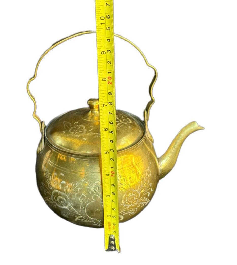 Vintage Solid Brass Teapot Kettle & lid Etched Floral Folding Handle India