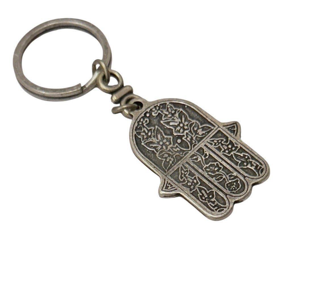 Vintage Moroccan Hamsa Hand Keychain Souvenir du Maroc Silver Tone Key Ring