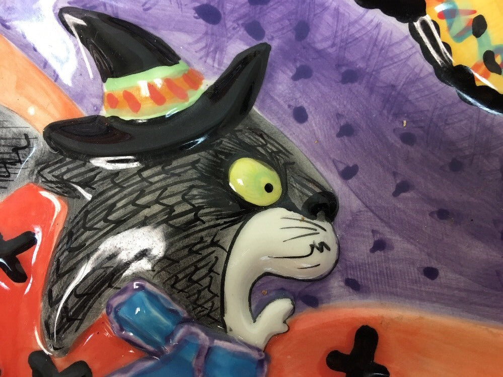 Fitz & Floyd KITTY WITCHES Halloween HandCrafted Ceramic Deep Platter Candy Bowl