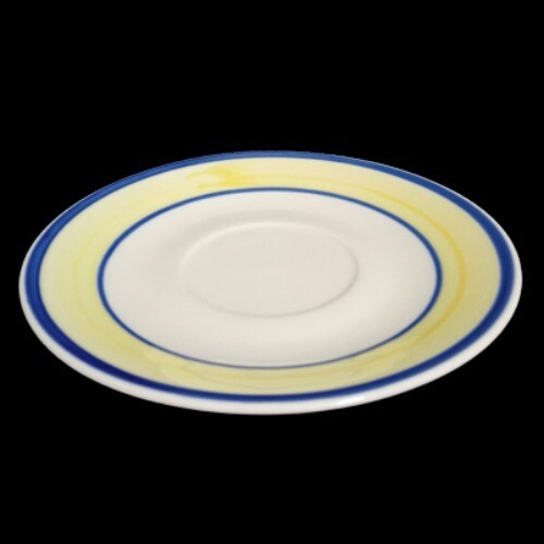 Gibson Designs TAVERNWARE YELLOW 4-Saucers 6 ¾” D Yellow Band Blue Rings Ceramic