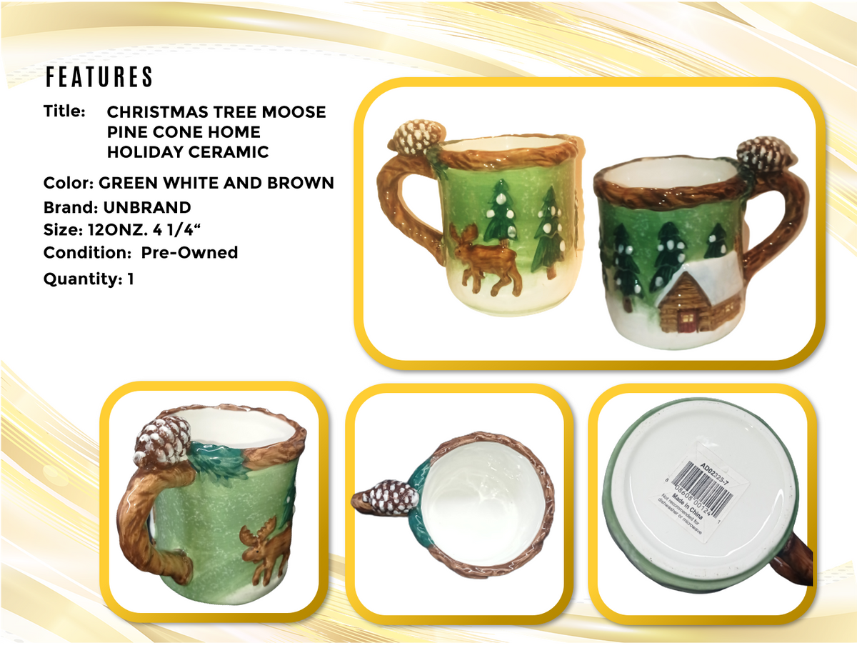 Christmas Coffee Mug Tree Moose  Pine Cone Home Holiday Ceramic 12 oz Tea Cup.