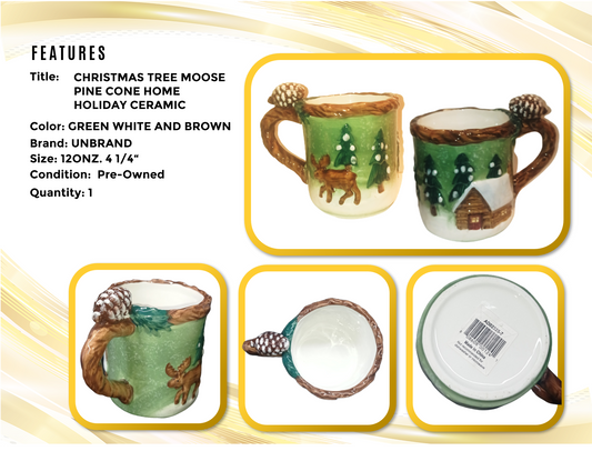 Christmas Coffee Mug Tree Moose  Pine Cone Home Holiday Ceramic 12 oz Tea Cup.