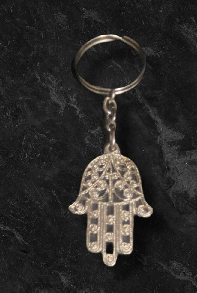 Vintage Moroccan Keychain Ring Hand Carved Silver Hand of Fatima Khamsa Amulet